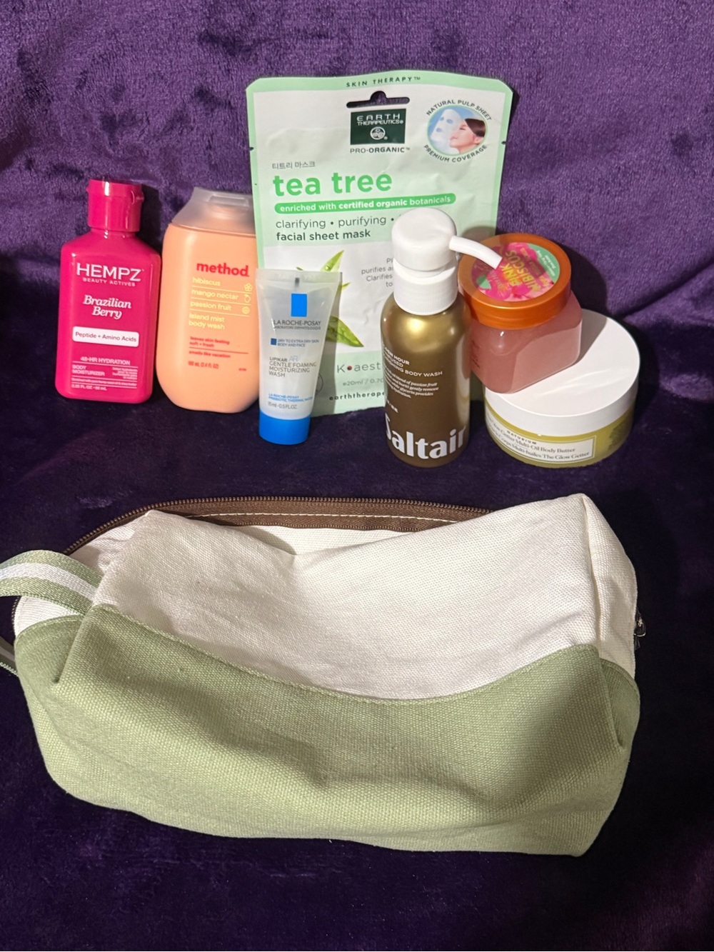 Canvas Travel Cosmetic Bag with Green Accent